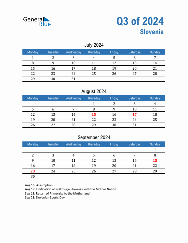 Slovenia Q3 2024 Quarterly Calendar with Monday Start