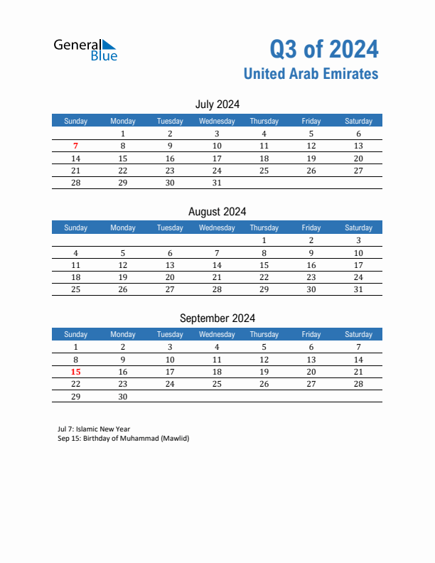 United Arab Emirates Q3 2024 Quarterly Calendar with Sunday Start