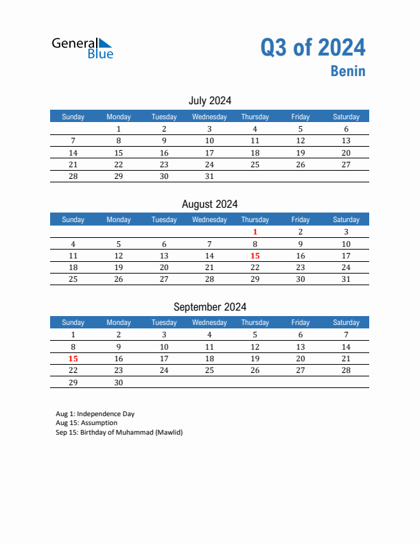 Benin Q3 2024 Quarterly Calendar with Sunday Start