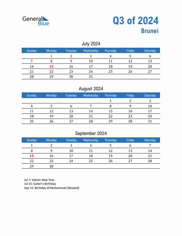 Brunei Q3 2024 Quarterly Calendar with Sunday Start