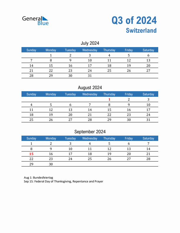 Switzerland Q3 2024 Quarterly Calendar with Sunday Start