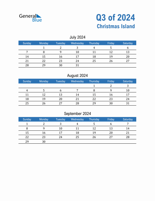 Christmas Island Q3 2024 Quarterly Calendar with Sunday Start