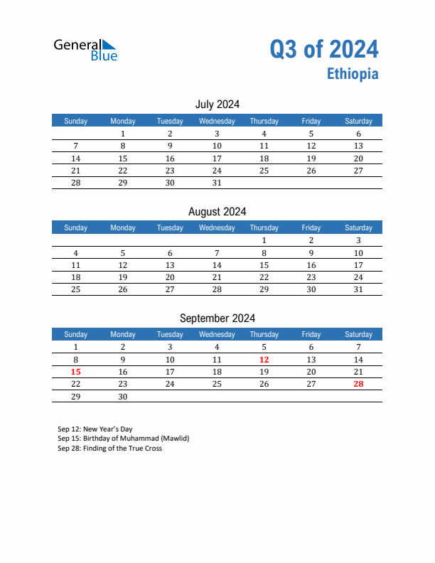 Ethiopia Q3 2024 Quarterly Calendar with Sunday Start