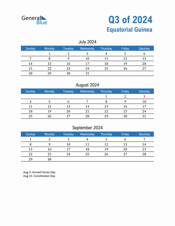 Equatorial Guinea Q3 2024 Quarterly Calendar with Sunday Start