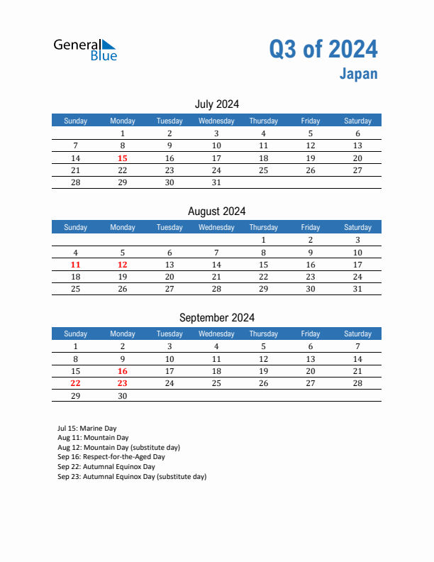 Japan Q3 2024 Quarterly Calendar with Sunday Start