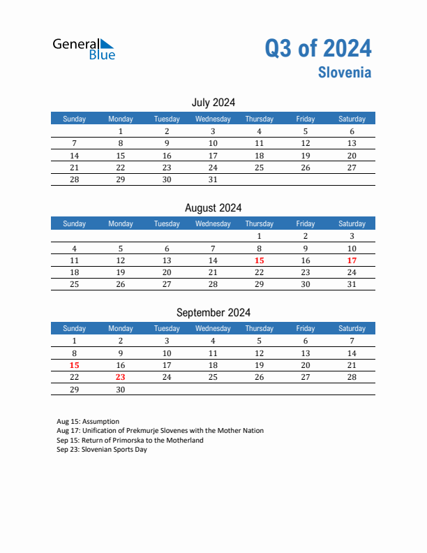 Slovenia Q3 2024 Quarterly Calendar with Sunday Start