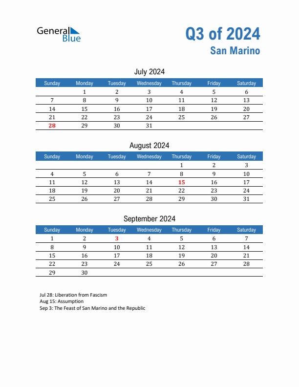 San Marino Q3 2024 Quarterly Calendar with Sunday Start