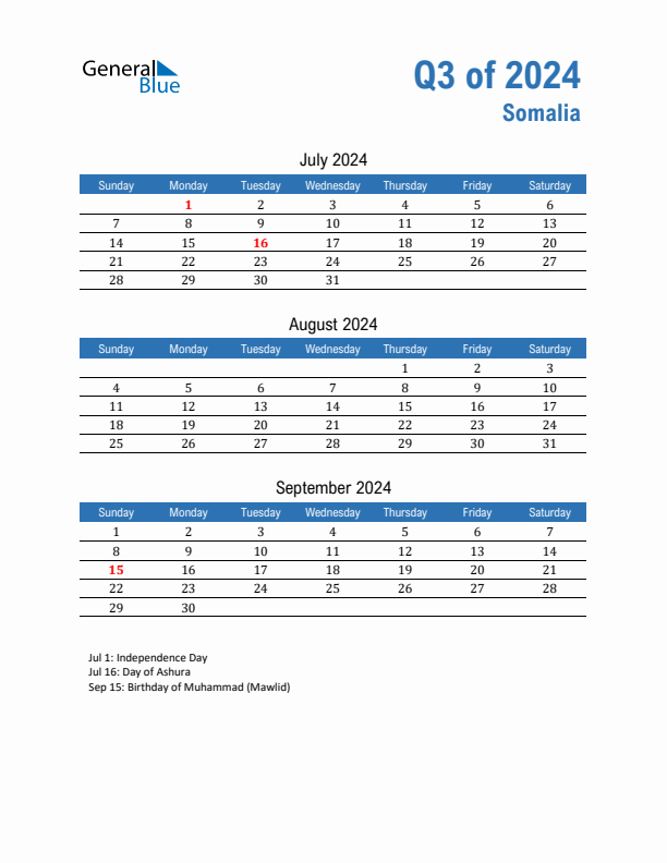 Somalia Q3 2024 Quarterly Calendar with Sunday Start