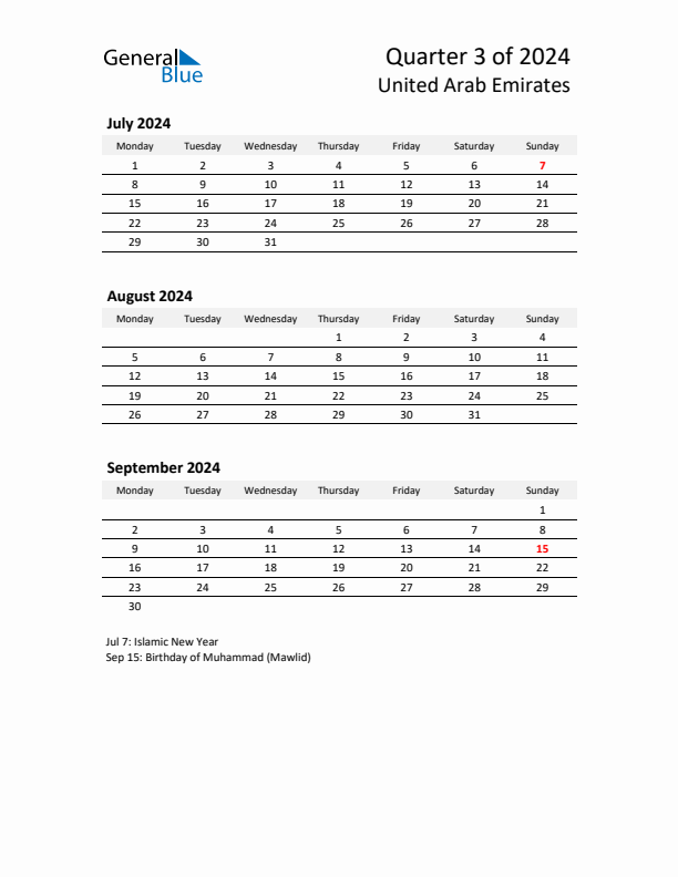 2024 Q3 Three-Month Calendar for United Arab Emirates