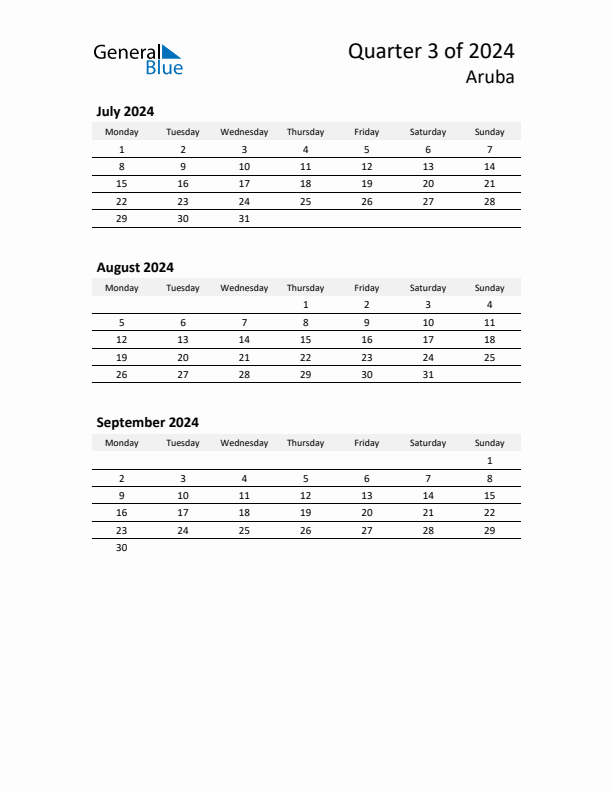 2024 Q3 Three-Month Calendar for Aruba