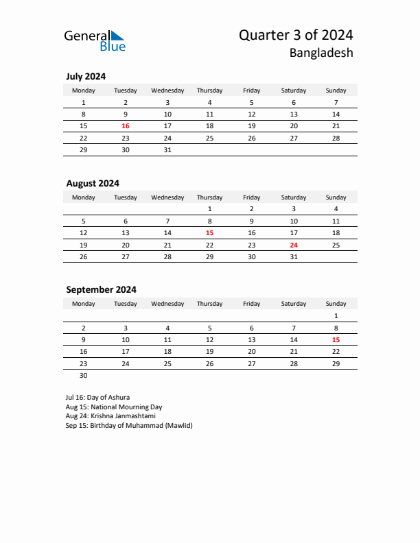 2024 Q3 Three-Month Calendar for Bangladesh