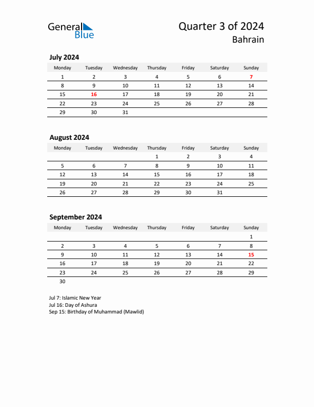 2024 Q3 Three-Month Calendar for Bahrain