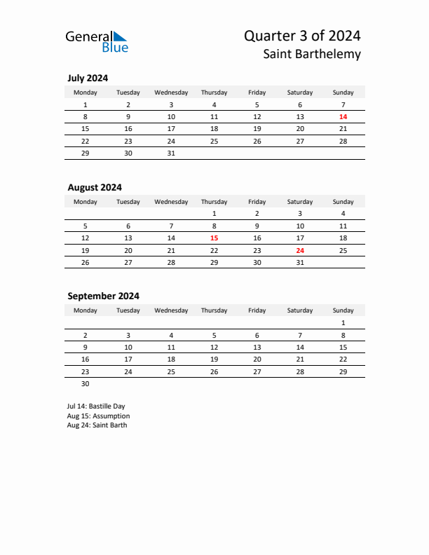 2024 Q3 Three-Month Calendar for Saint Barthelemy