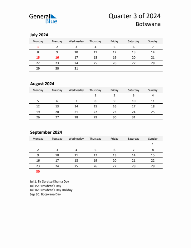 2024 Q3 Three-Month Calendar for Botswana