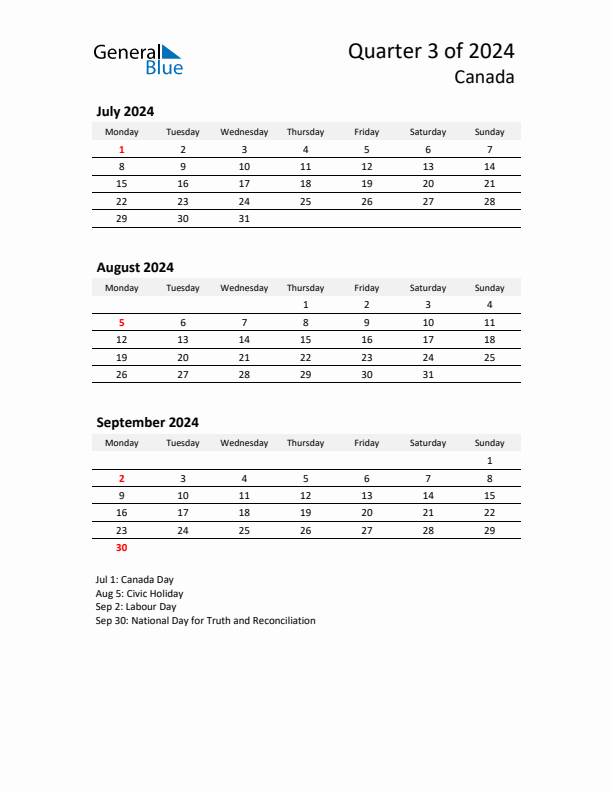 2024 Q3 Three-Month Calendar for Canada