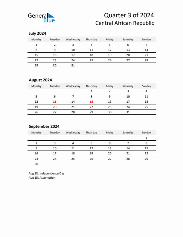 2024 Q3 Three-Month Calendar for Central African Republic