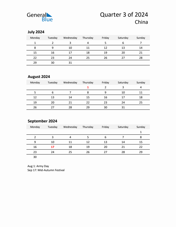 2024 Q3 Three-Month Calendar for China