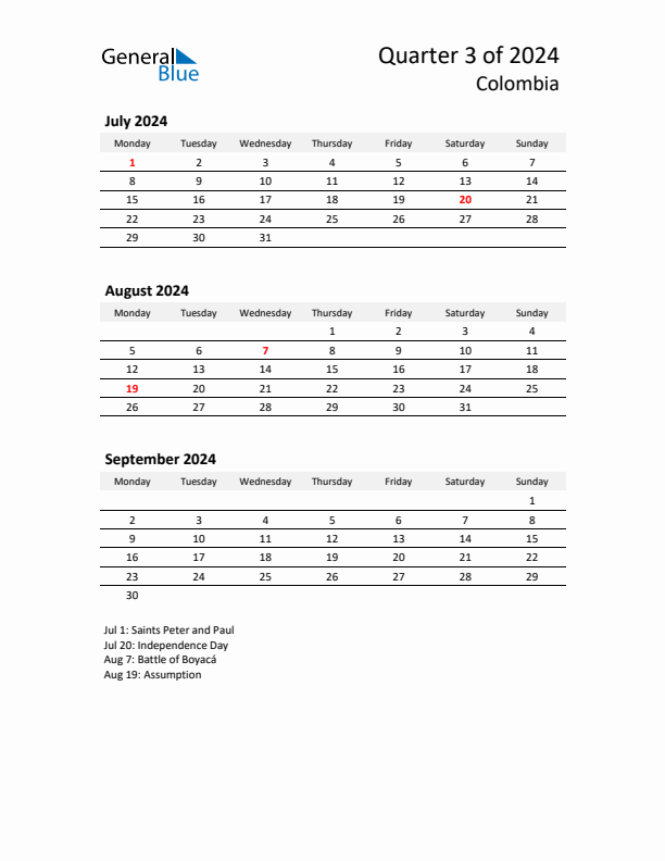 2024 Q3 Three-Month Calendar for Colombia