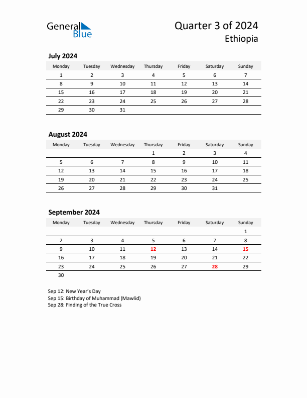 2024 Q3 Three-Month Calendar for Ethiopia