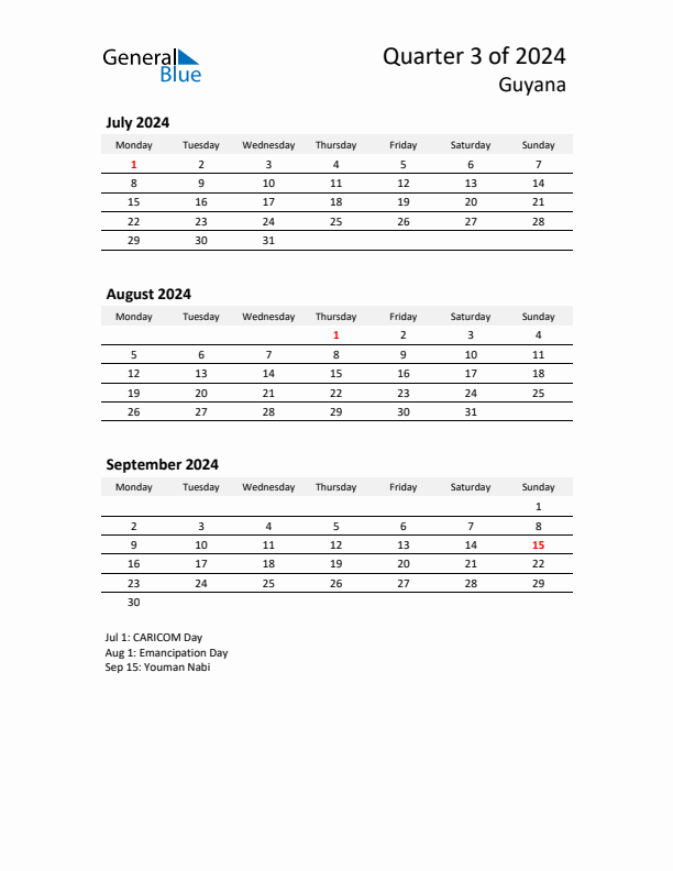 2024 Q3 Three-Month Calendar for Guyana