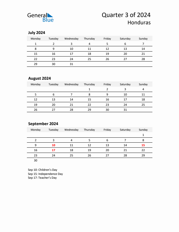 2024 Q3 Three-Month Calendar for Honduras