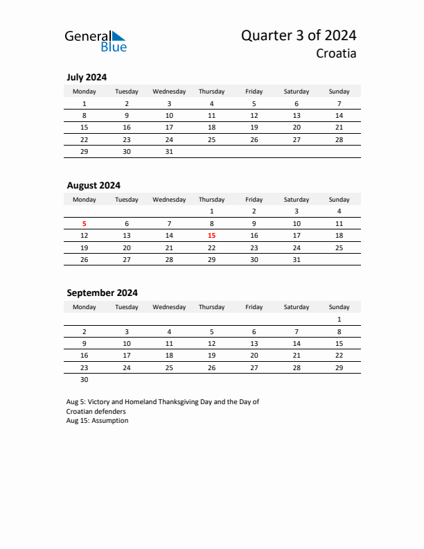 2024 Q3 Three-Month Calendar for Croatia