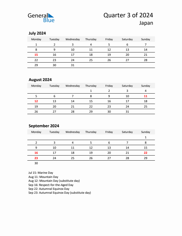 2024 Q3 Three-Month Calendar for Japan