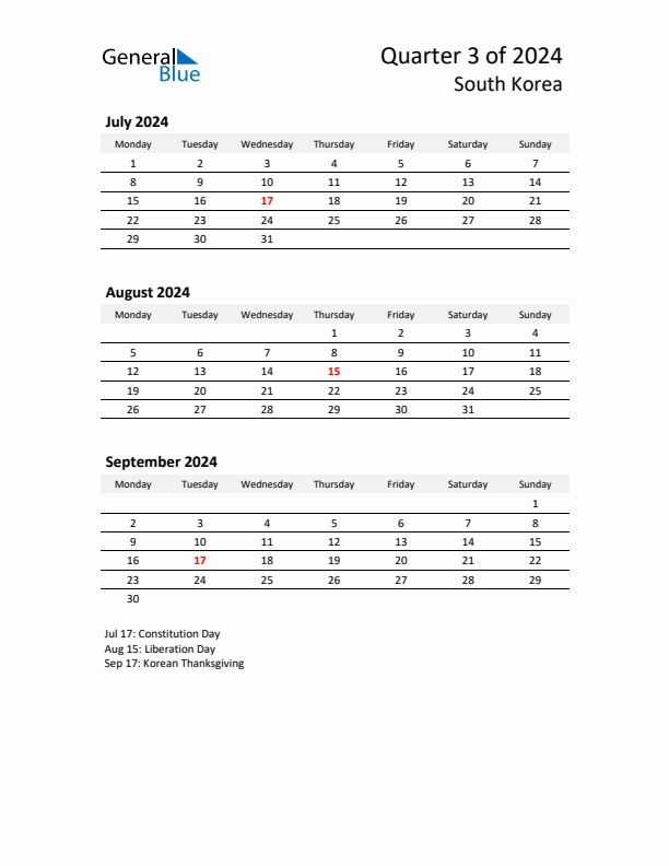 2024 Q3 Three-Month Calendar for South Korea