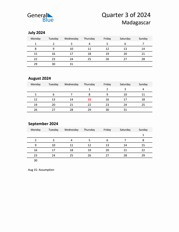 2024 Q3 Three-Month Calendar for Madagascar