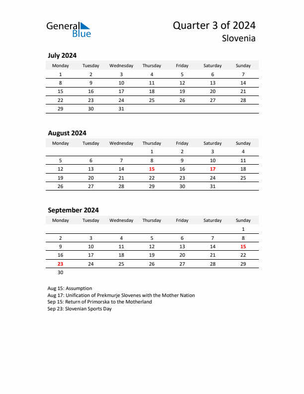 2024 Q3 Three-Month Calendar for Slovenia