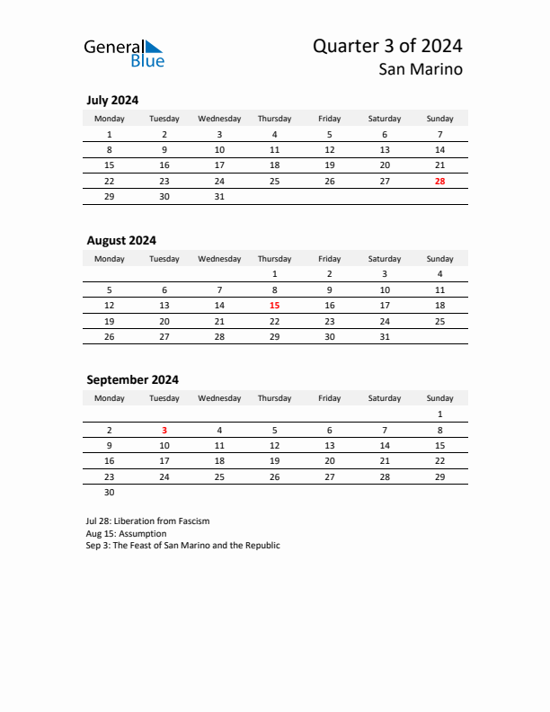 2024 Q3 Three-Month Calendar for San Marino