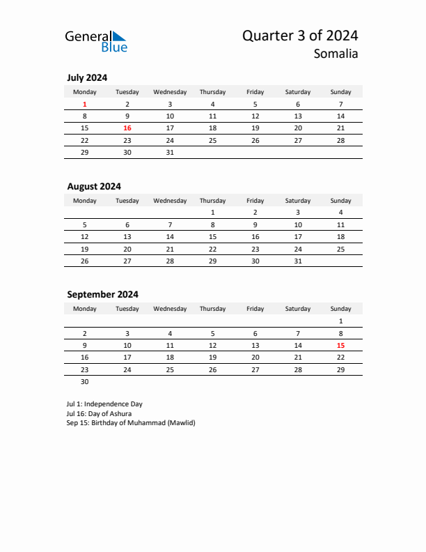 2024 Q3 Three-Month Calendar for Somalia