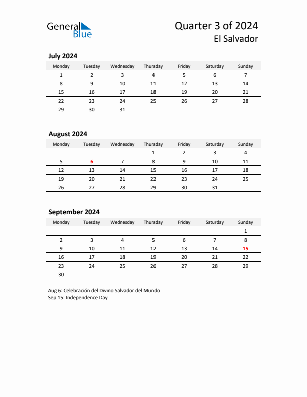 2024 Q3 Three-Month Calendar for El Salvador