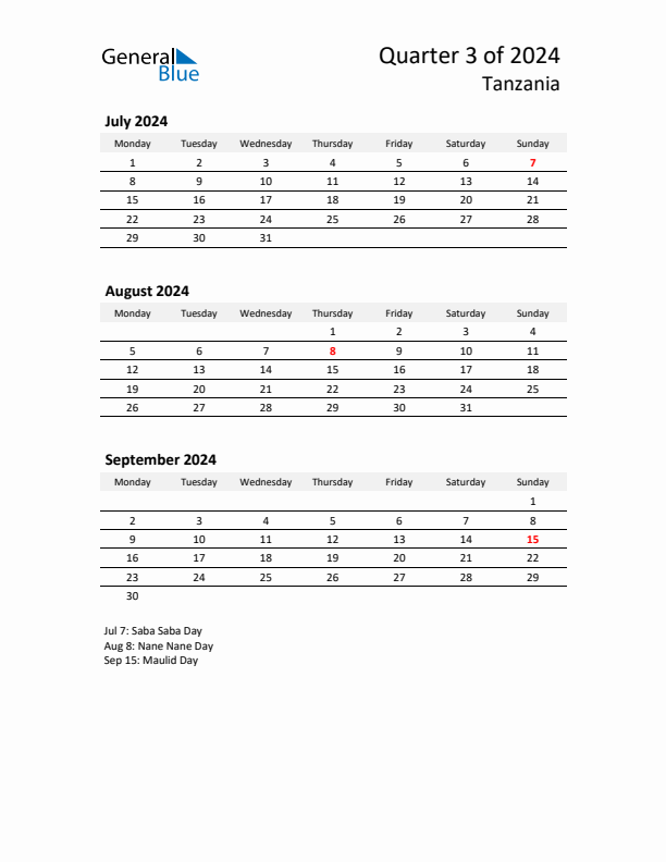 2024 Q3 Three-Month Calendar for Tanzania