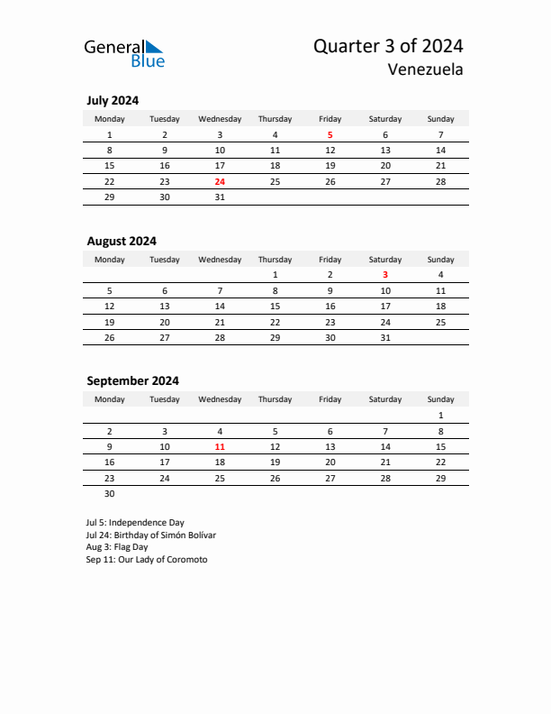 2024 Q3 Three-Month Calendar for Venezuela