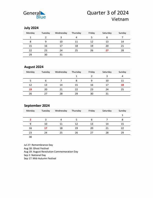 2024 Q3 Three-Month Calendar for Vietnam