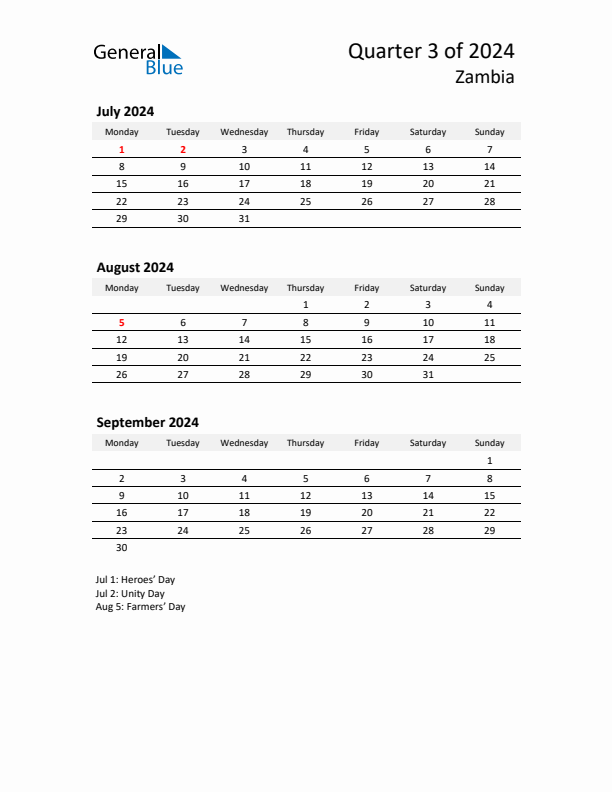 2024 Q3 Three-Month Calendar for Zambia