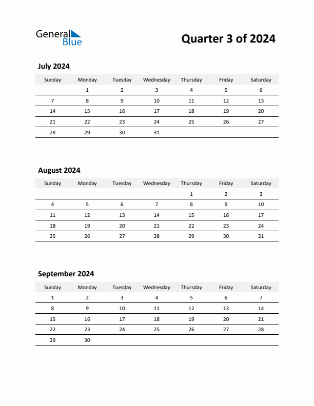 2024 Three-Month Calendar (Quarter 3)