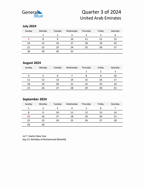 2024 Q3 Three-Month Calendar for United Arab Emirates