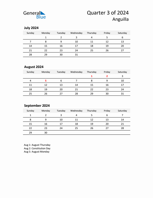 2024 Q3 Three-Month Calendar for Anguilla