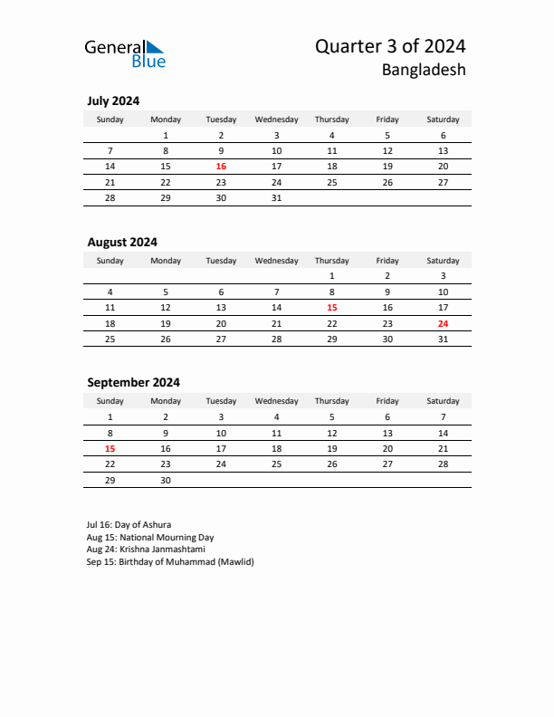 2024 Q3 Three-Month Calendar for Bangladesh