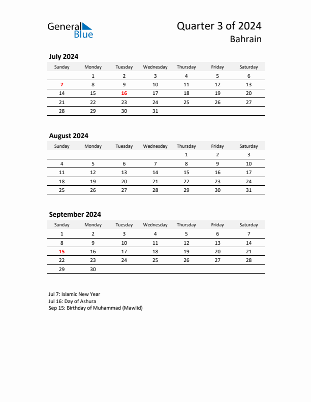 2024 Q3 Three-Month Calendar for Bahrain