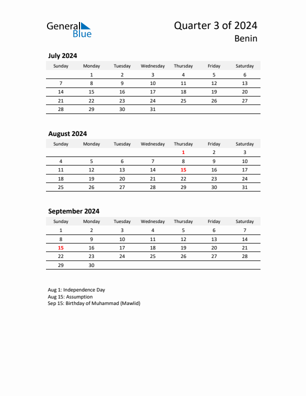 2024 Q3 Three-Month Calendar for Benin