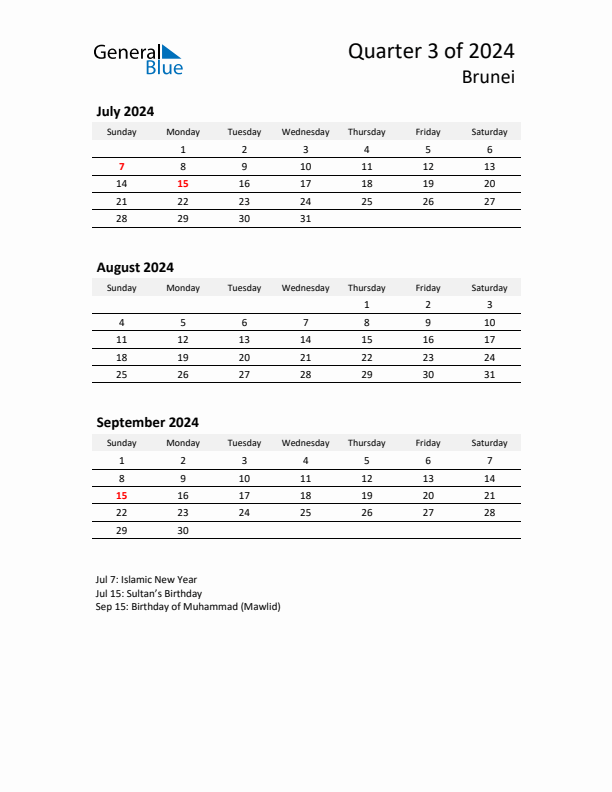 2024 Q3 Three-Month Calendar for Brunei