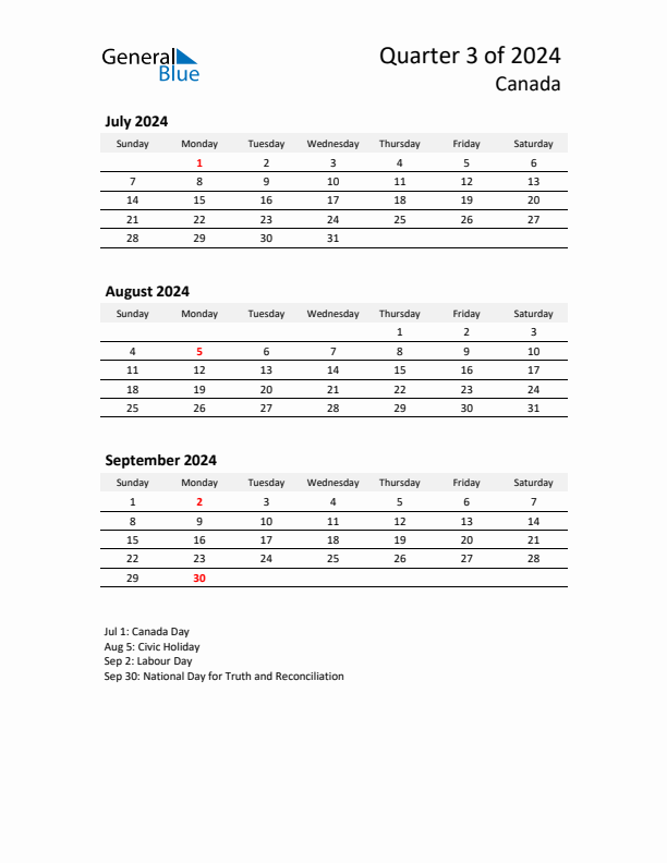 2024 Q3 Three-Month Calendar for Canada