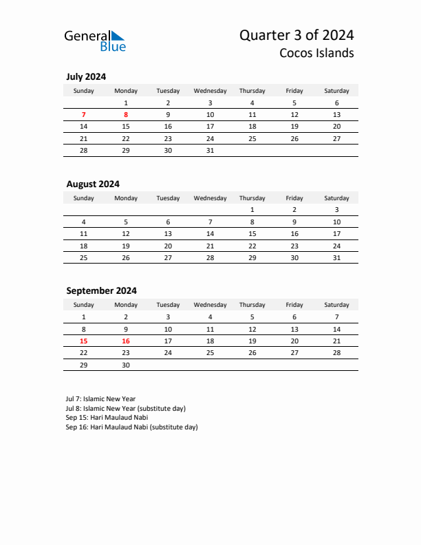 2024 Q3 Three-Month Calendar for Cocos Islands