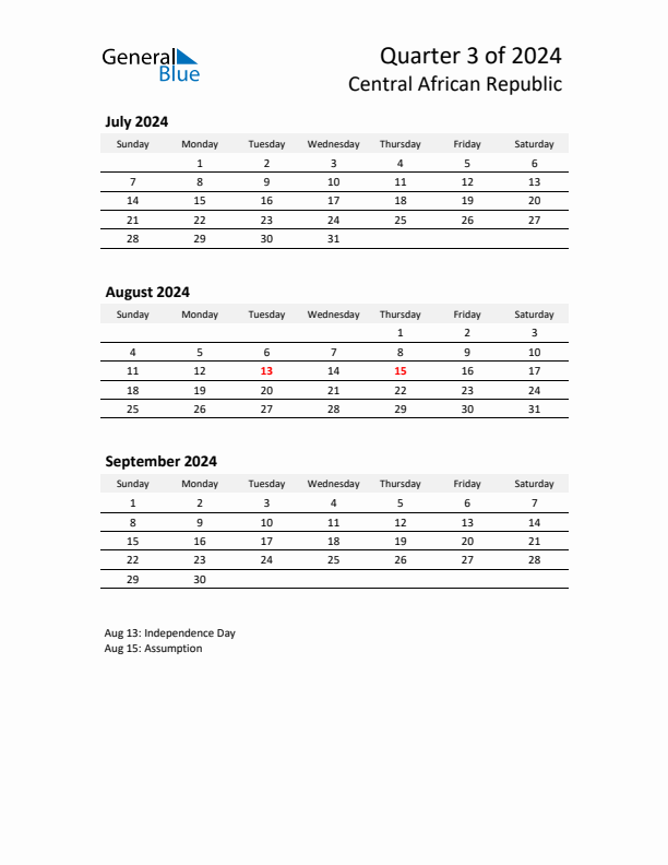 2024 Q3 Three-Month Calendar for Central African Republic