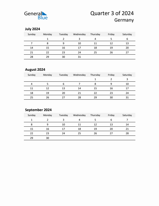 2024 Q3 Three-Month Calendar for Germany