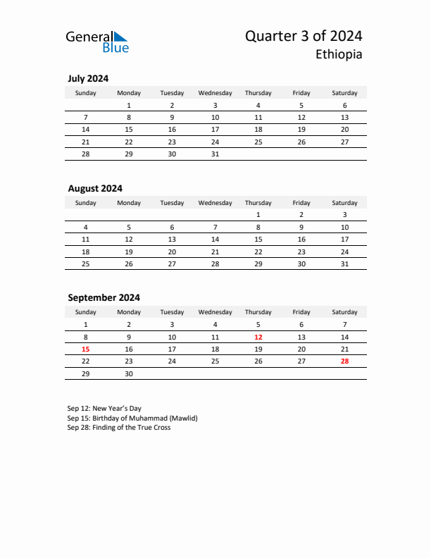 2024 Q3 Three-Month Calendar for Ethiopia