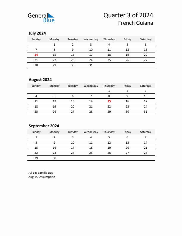 2024 Q3 Three-Month Calendar for French Guiana